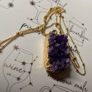 Gold and Purple Amethyst Geode Pendant On A Gold Beaded Station Chain Necklace